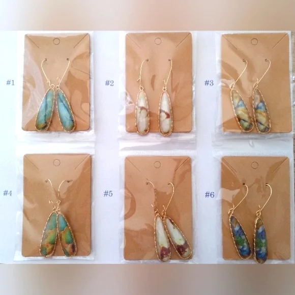 #2 New! 18k Gold Plated Marbled Stone Dangle Earrings - Picture 2 of 7